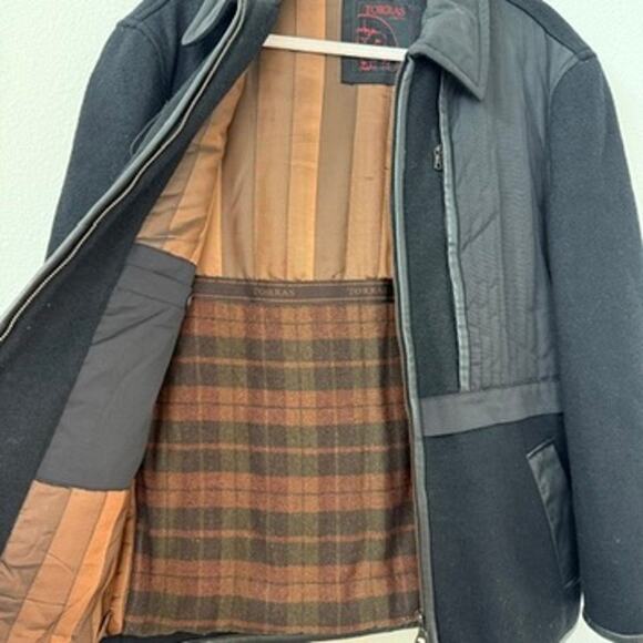 Torras Wool Leather Trim Jacket Black L Plaid Lined Spain Luxury Coat - Picture 4 of 9